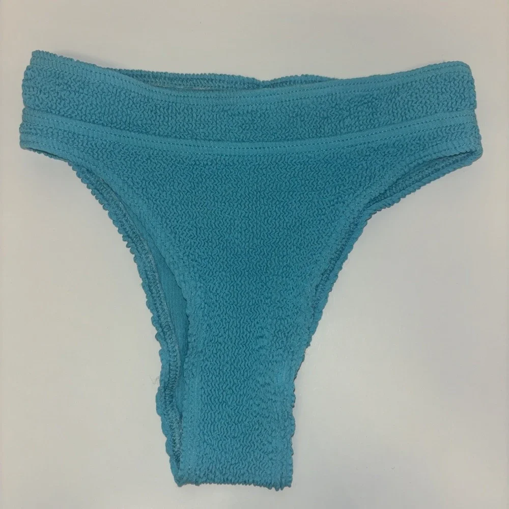 Blue Crinkle Textured High Leg Bikini Bottoms Smocked Swimwear Sz XS designer